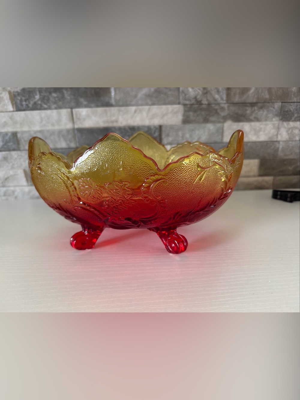 Vintage 1950s Jeannette Glass Lombardi Amberina Oval Footed Fruit Bowl 10”